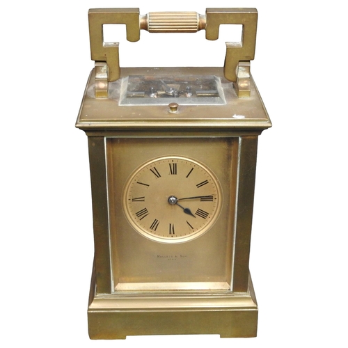 199 - A FRENCH BRASS CASED REPEATING CARRIAGE CLOCK, the brass dial mask inscribed Mallet & Son, Paris... 