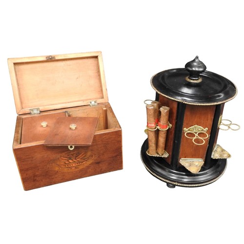 432 - A 19TH CENTURY CAROUSEL CIGAR DISPENSER AND MAHOGANY TEA CADDY, the carousel with amboyne panelled d... 