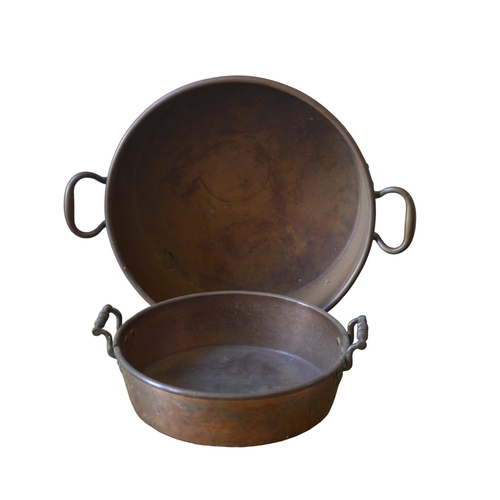 143 - TWO GRADUATED COPPER PRESERVE PANS, 19TH CENTURY, both with twin ring handlesLargest: 48 cm diamSmal... 