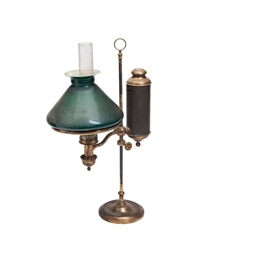 206 - A VINTAGE BRASS STUDENT'S LAMP, LATE 19TH / EARLY 20TH CENTURY, with original chimney and glass shad... 