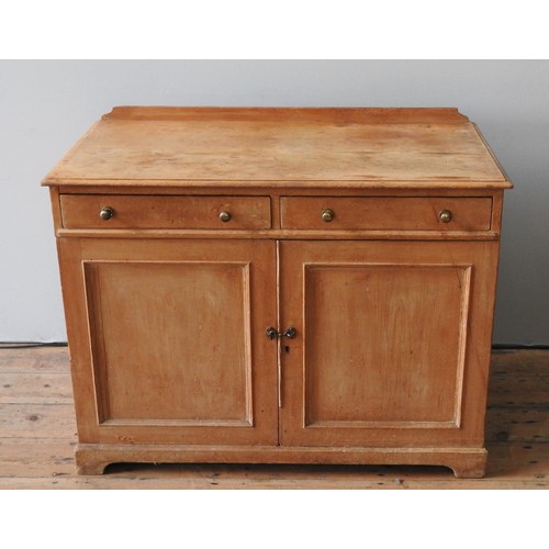 38 - A WAXED PINE CUPBOARD, LATE 19TH CENTURY, gallery back rectangular top over two short frieze drawers... 