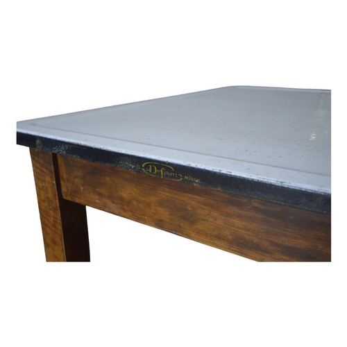 53 - A VINTAGE ENAMEL TOP PINE PASTRY TABLE, the enamel covered rectangular top raised on four square tap... 