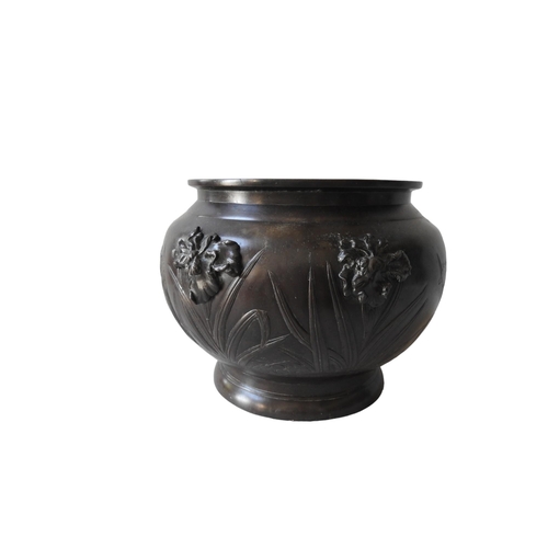 222 - A JAPANESE BRONZE PLANTER, EARLY 20TH CENTURY, decorated with applique and cast Irises25cm high x 34... 