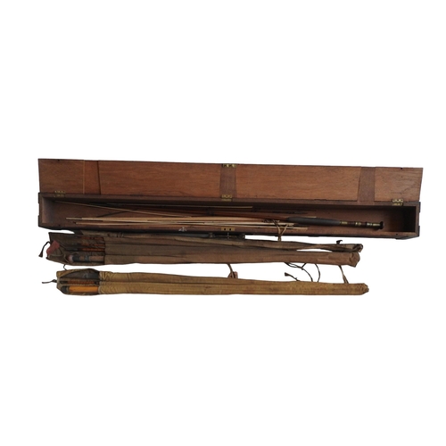 401 - FISHING TACKLE TRANSIT BOX,INSCRIBED LT COL PALMER (RE), containing three split cane fishing rods, o... 