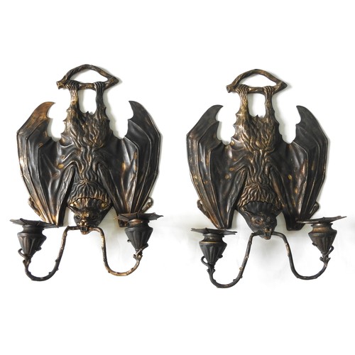 424 - A PAIR OF VICTORIAN-STYLE WALL SCONCES, LATE 20TH CENTURY, modelled as bats hanging from a branch, a... 