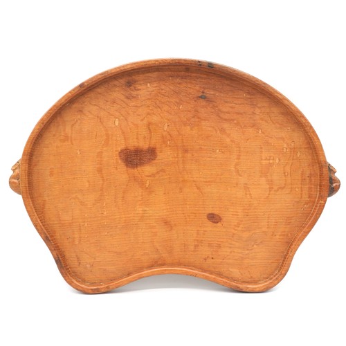 423 - A ROBERT 'MOUSEMAN' THOMPSON CRAFTSMEN LTD OAK TRAY, kidney form with galleried edge and two signatu... 