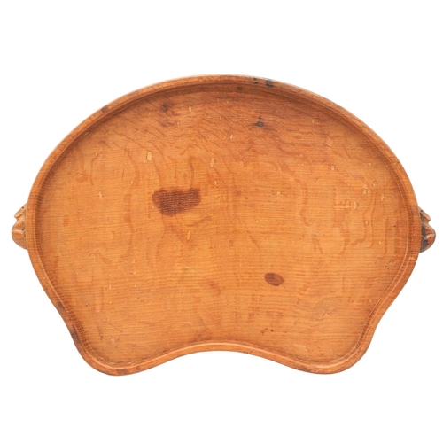 423 - A ROBERT 'MOUSEMAN' THOMPSON CRAFTSMEN LTD OAK TRAY, kidney form with galleried edge and two signatu... 