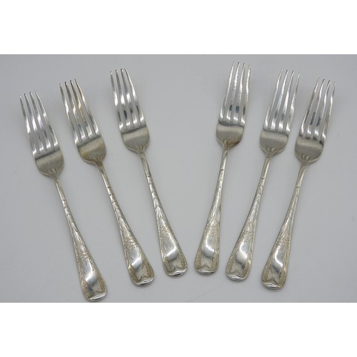 451 - A SET OF SIX BRIGHT CUT SILVER FORKS, elegantly decorated with a scroll foliate pattern, marked for ... 