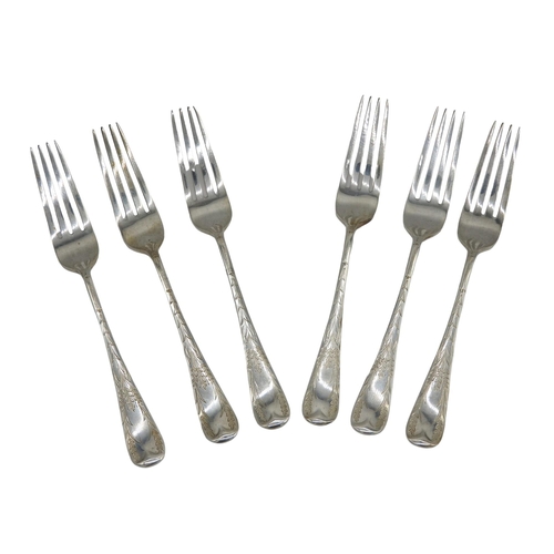 451 - A SET OF SIX BRIGHT CUT SILVER FORKS, elegantly decorated with a scroll foliate pattern, marked for ... 