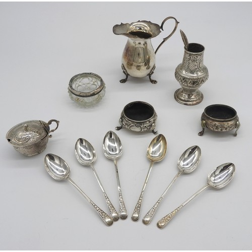 452 - A SET OF SIX BRIGHT CUT SILVER TEASPOONS AND OTHER SILVER WARE, the spoons marked W.Savage, Sheffiel... 