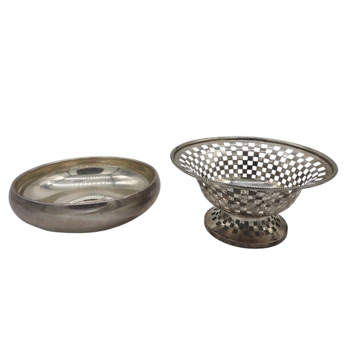 453 - TWO BIRKS SILVER BOWLS, the lot includes a beaded edge pierced checkerboard bowl raised on a circula... 