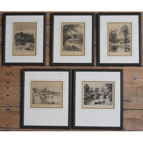 382 - EDWARD SLOCOMBE (1850-1915) A GROUP OF FIVE ETCHINGS, depicting bucolic rural and river scenes, hand... 