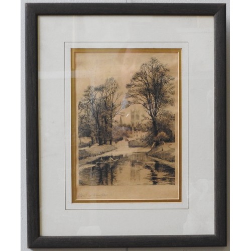 382 - EDWARD SLOCOMBE (1850-1915) A GROUP OF FIVE ETCHINGS, depicting bucolic rural and river scenes, hand... 