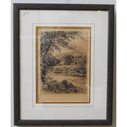 382 - EDWARD SLOCOMBE (1850-1915) A GROUP OF FIVE ETCHINGS, depicting bucolic rural and river scenes, hand... 