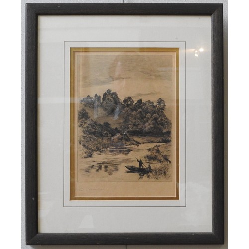 382 - EDWARD SLOCOMBE (1850-1915) A GROUP OF FIVE ETCHINGS, depicting bucolic rural and river scenes, hand... 