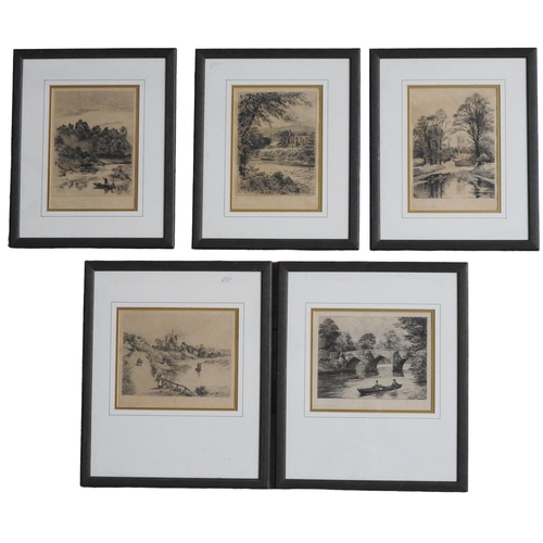 382 - EDWARD SLOCOMBE (1850-1915) A GROUP OF FIVE ETCHINGS, depicting bucolic rural and river scenes, hand... 