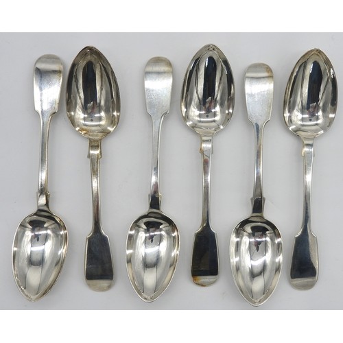 455 - A SET OF SIX SILVER DESSERT SPOONS, fiddle pattern, engraved 'I.S.G to A.G' on the reverse, marked f... 