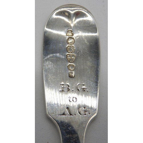 455 - A SET OF SIX SILVER DESSERT SPOONS, fiddle pattern, engraved 'I.S.G to A.G' on the reverse, marked f... 