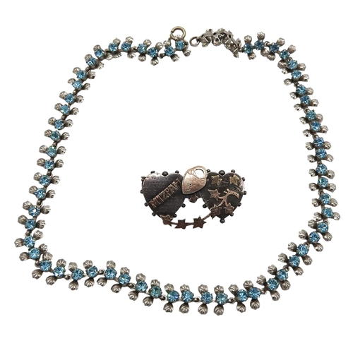 459 - A COSTUME NECKLACE AND A SILVER MIZPAH BROOCH, the necklace set with pale blue and white paste stone... 