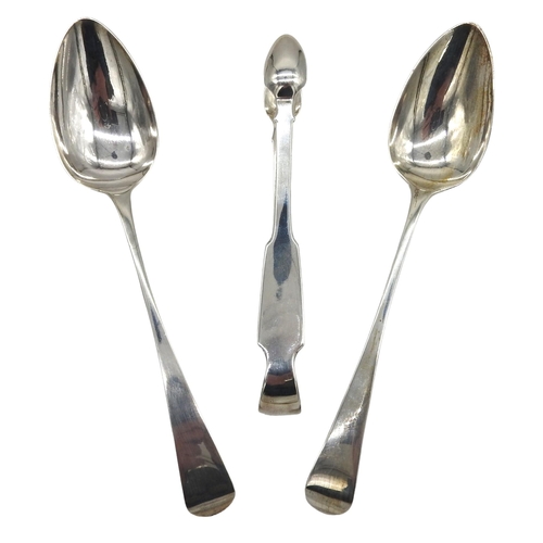 438 - TWO GEORGIAN SILVER SERVING SPOONS AND A PAIR OF IRISH SILVER SUGAR TONGS, the spoons marked London ... 