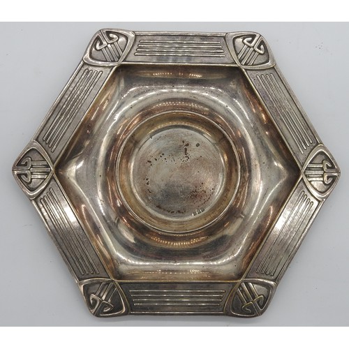 439 - A GERMAN WMF SILVERED METAL ART NOUVEAU INKSTAND, hexagonal form with fluted borders and lozenge cor... 