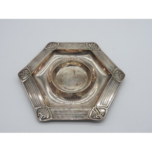 439 - A GERMAN WMF SILVERED METAL ART NOUVEAU INKSTAND, hexagonal form with fluted borders and lozenge cor... 