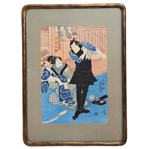 346 - AFTER KUNISADA, THREE JAPANESE WOODBLOCK PRINTS, depicting Kabuki actors, glazed and framed35 x 23 c... 