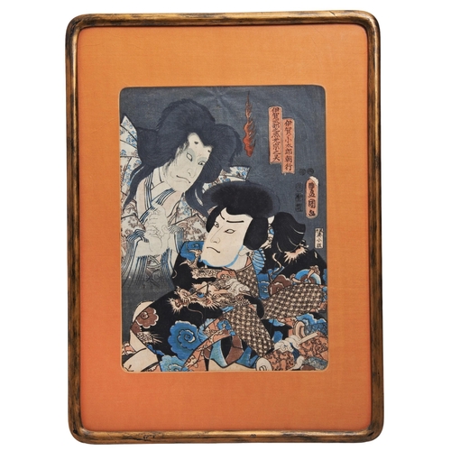 346 - AFTER KUNISADA, THREE JAPANESE WOODBLOCK PRINTS, depicting Kabuki actors, glazed and framed35 x 23 c... 