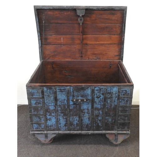 113 - A LARGE INDIAN SANDOOK CHEST, with a gently domed top, painted in an attractive teal blue with a dis... 