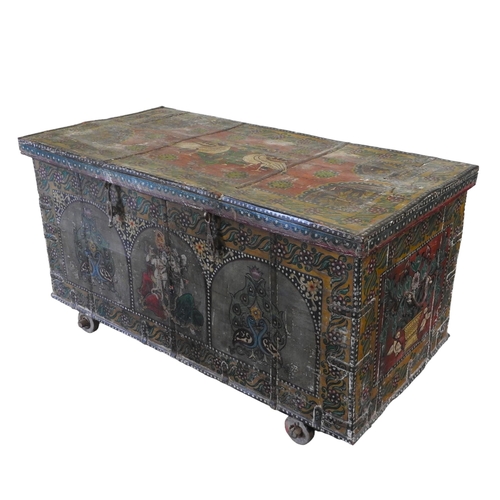 114 - A LARGE INDIAN TEAK SANDOOK CHEST, the iron banded teak chest profusely painted with hindu deities a... 
