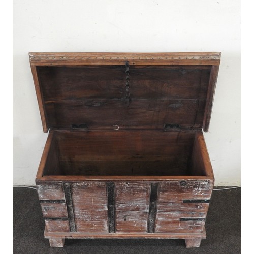 98 - A SMALL INDIAN TEAK CHEST, with iron banding, corner brackets and ring handles, attractive distresse... 