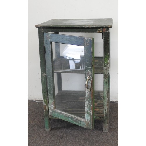 97 - A RUSTIC GREEN PAINTED FOOD SAFE/CABINET, plain square form with attractive distressed paint finish,... 