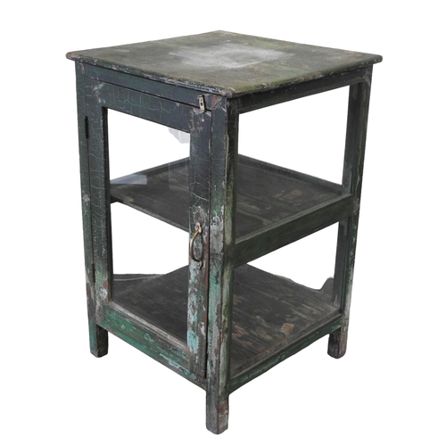 97 - A RUSTIC GREEN PAINTED FOOD SAFE/CABINET, plain square form with attractive distressed paint finish,... 