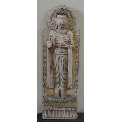 101 - AN INDIAN CARVED BODHISATTVA PANEL, with a cream painted finish91 x 29 cmProvenance: Property of a l... 
