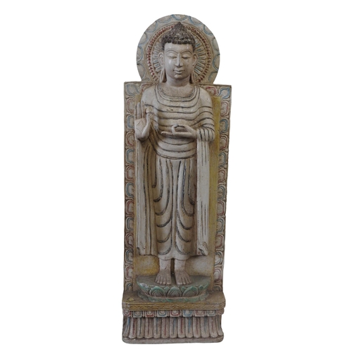 101 - AN INDIAN CARVED BODHISATTVA PANEL, with a cream painted finish91 x 29 cmProvenance: Property of a l... 