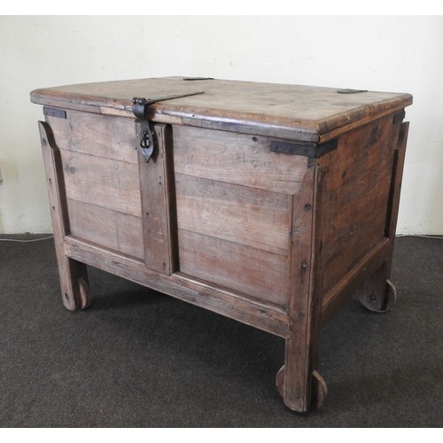 100 - AN INDIAN TEAK COFFER WITH CASTERS, mounted with iron brackets and fixtures73 x 88 x 60 cmProvenance... 