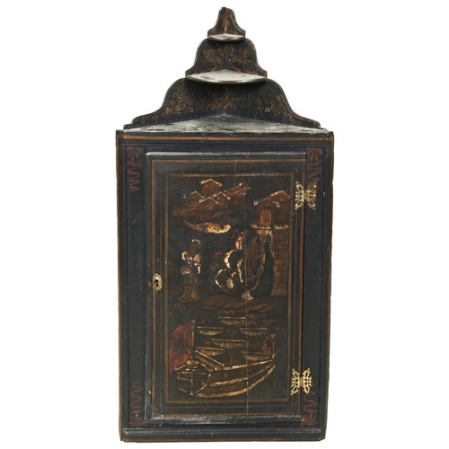 104 - A BLACK JAPANNED HANGING CORNER CUPBOARD18TH CENTURYwith chinoiserie decoration54cm wide, 11cm high,... 