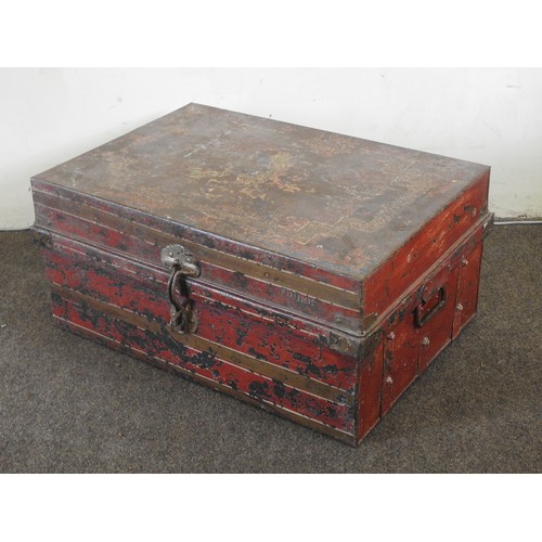 76 - A DISTRESSED TIN TRAVEL TRUNK WITH FITTED INTERIORProvenance: Property of a long established family ... 