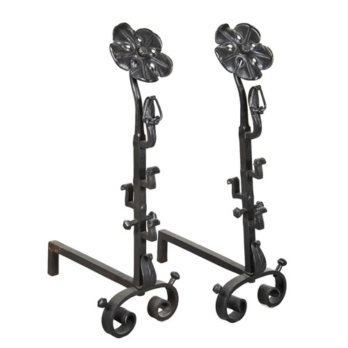 140 - A PAIR OF ARTS & CRAFTS COTSWOLD SCHOOL ANDIRONS, attributed to Thornton & Downer, surmounte... 