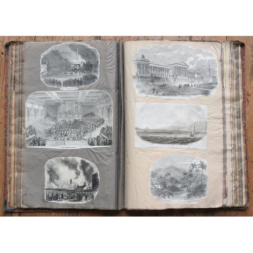 183 - A 19TH CENTURY LEATHER AND CANVAS BOUND SCRAPBOOK, filled with a huge variety of portrait images, ma... 