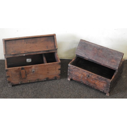 67 - TWO INDIAN TEAK IRON MOUNTED TRINKET CHESTS, plain rustic form with distressed patinaLargest: 19 x 3... 