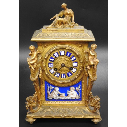 200 - A FRENCH 19TH CENTURY ORMOLOU CASED MANTEL CLOCK, the 7 cm embossed gilt dial with enamel numerals a... 