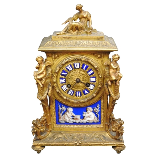 200 - A FRENCH 19TH CENTURY ORMOLOU CASED MANTEL CLOCK, the 7 cm embossed gilt dial with enamel numerals a... 