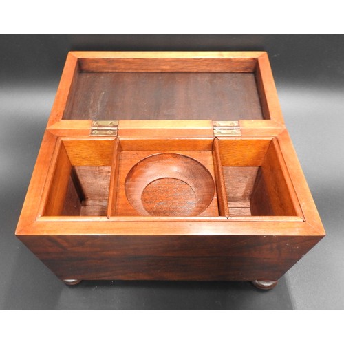 431 - AN OAK FITTED STATIONARY BOX AND A MAHOGANY TEA CADDY, the stationery box with a drawer mounted with... 