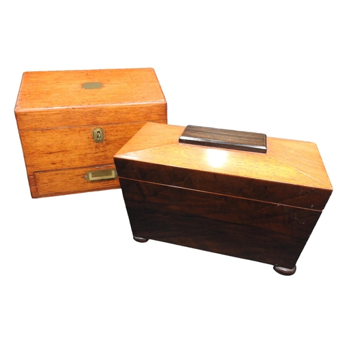 431 - AN OAK FITTED STATIONARY BOX AND A MAHOGANY TEA CADDY, the stationery box with a drawer mounted with... 