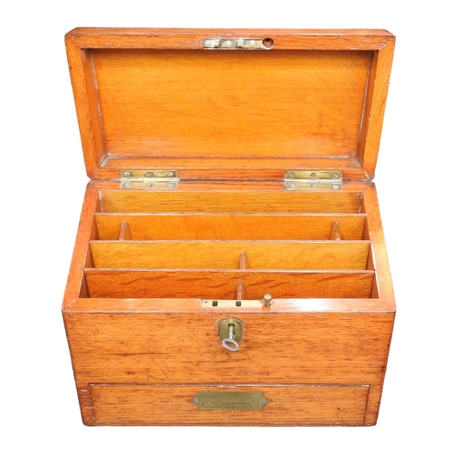 431 - AN OAK FITTED STATIONARY BOX AND A MAHOGANY TEA CADDY, the stationery box with a drawer mounted with... 