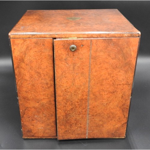 430 - A VICTORIAN BURR WALNUT SEWING CHEST, the square form chest flanked by two brass campaign style hand... 