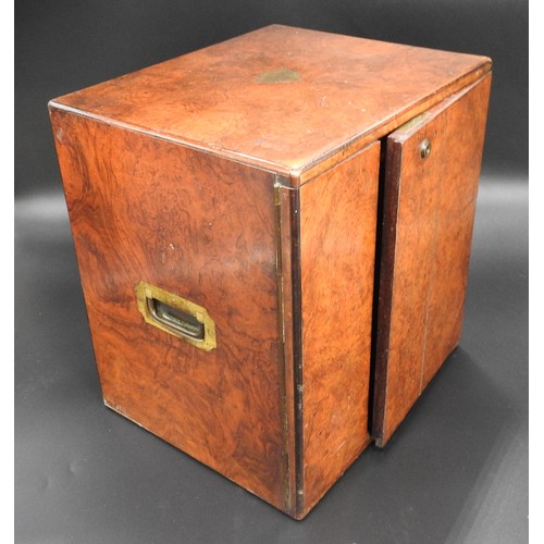 430 - A VICTORIAN BURR WALNUT SEWING CHEST, the square form chest flanked by two brass campaign style hand... 