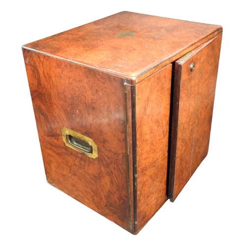 430 - A VICTORIAN BURR WALNUT SEWING CHEST, the square form chest flanked by two brass campaign style hand... 