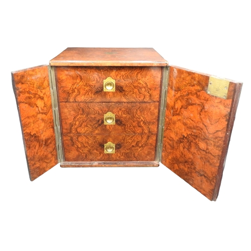 430 - A VICTORIAN BURR WALNUT SEWING CHEST, the square form chest flanked by two brass campaign style hand... 